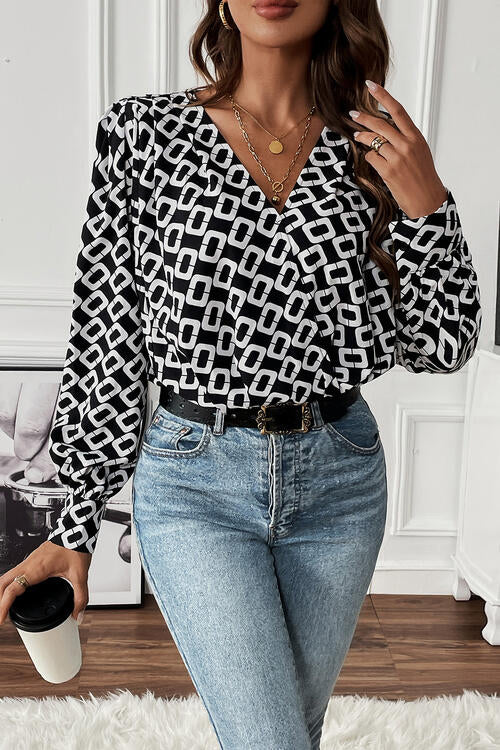 Bianca Geometric V-Neck Long Sleeve Blouse