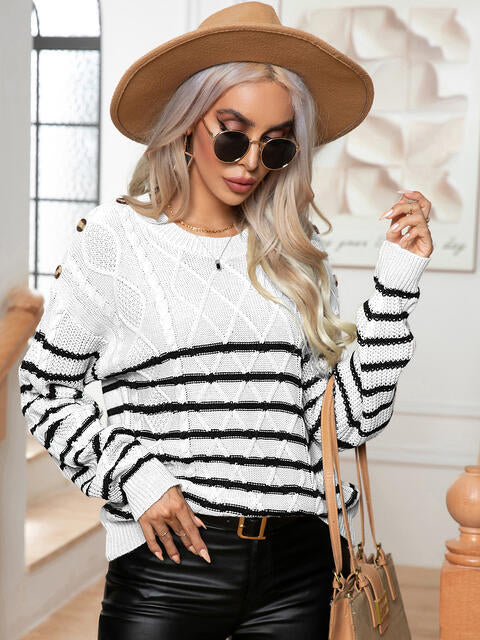 Samantha Striped Round Neck Cable-Knit Sweater