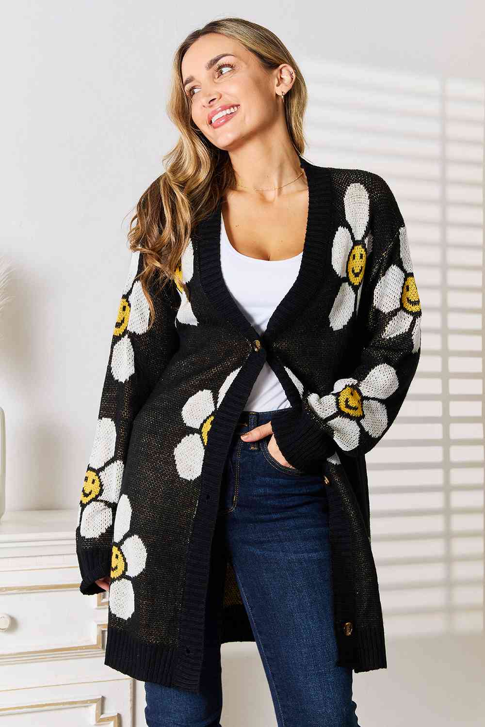 Happy Floral Button Down Longline Cardigan