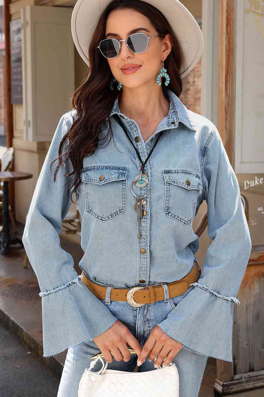 Tessa Button Front Flare Sleeve Denim Top