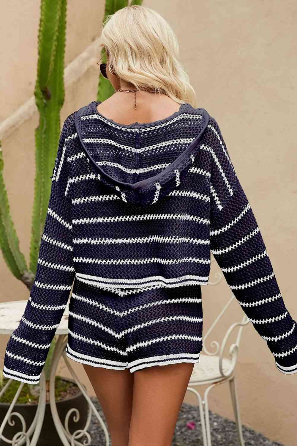 Evie Striped Openwork Knit Hoodie and Shorts Set