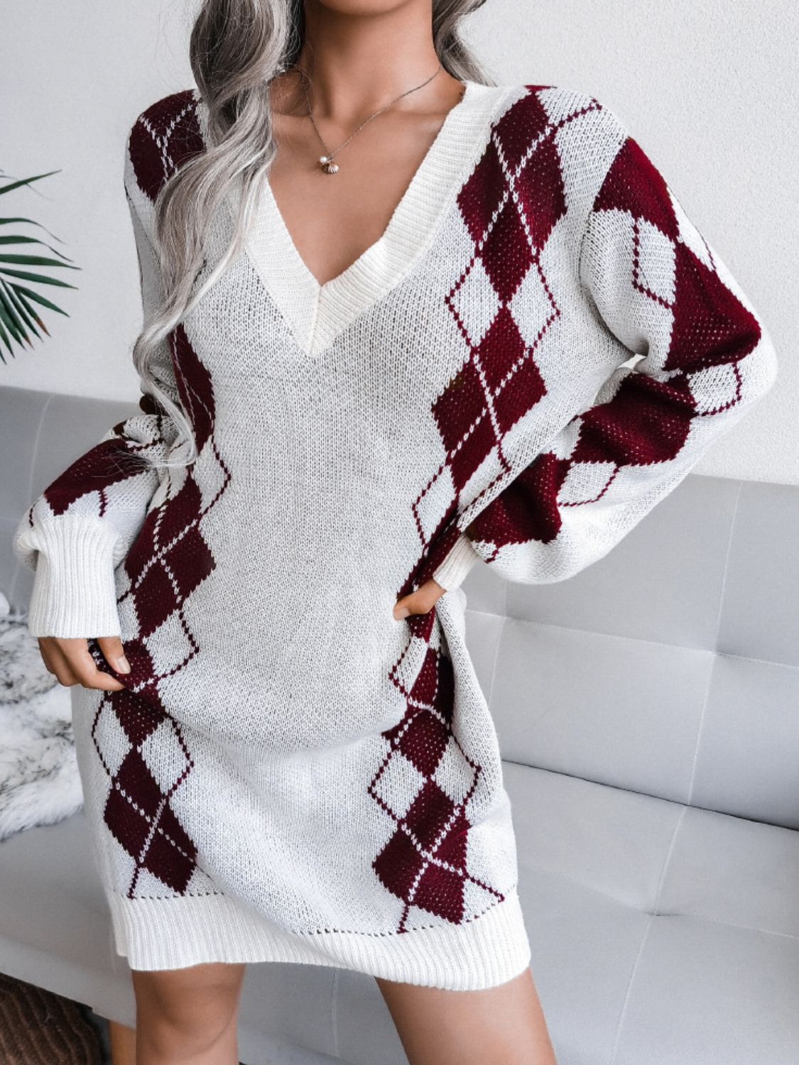 Argyle V-Neck Sweater Dress