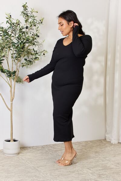 All For Me Ribbed Long Sleeve Midi Dress