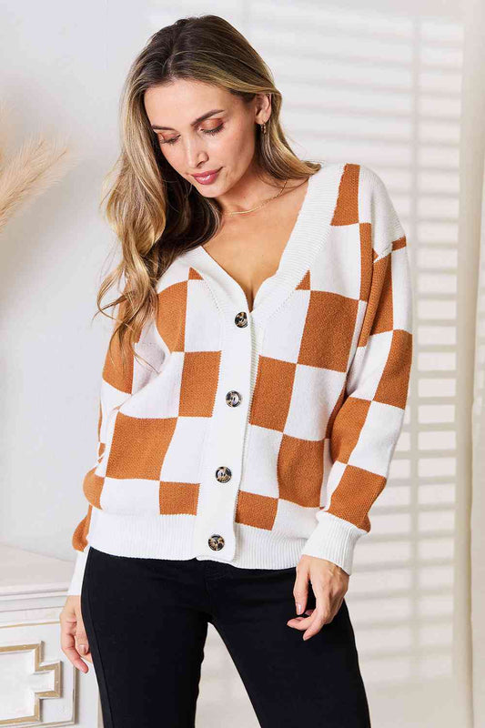 Checkered Button-Up V-Neck Cardigan