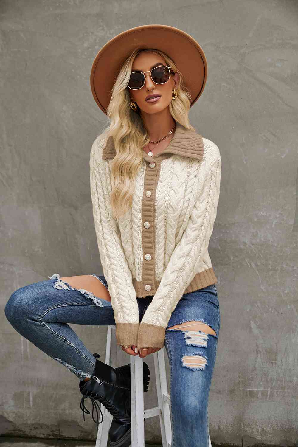 Sierra Contrast Cable-Knit Cardigan