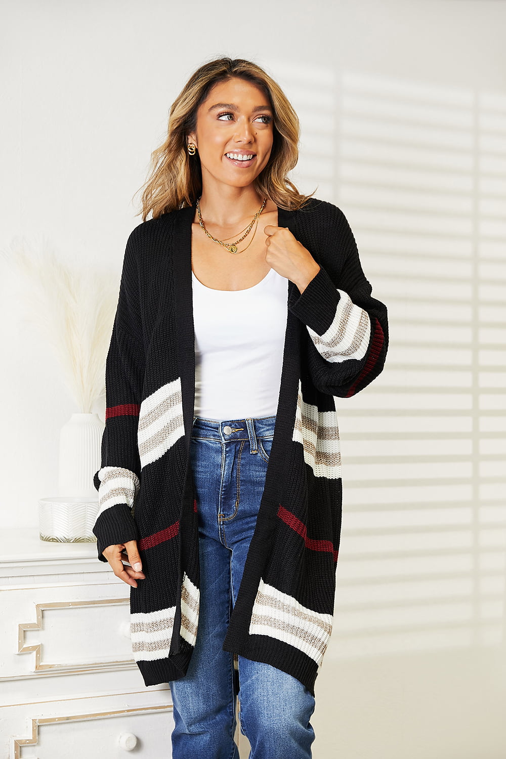 Nellie Striped Rib-Knit Open Front Cardigan