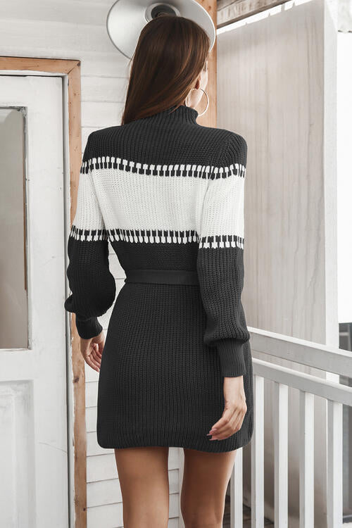 Londyn Contrast Tie Front Long Sleeve Sweater Dress