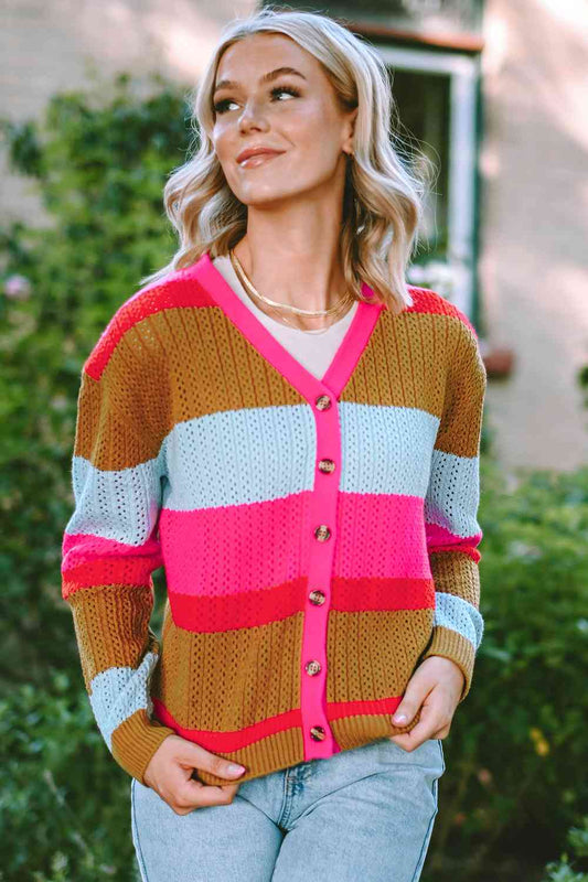 Briana Striped V-Neck Button Up Cardigan