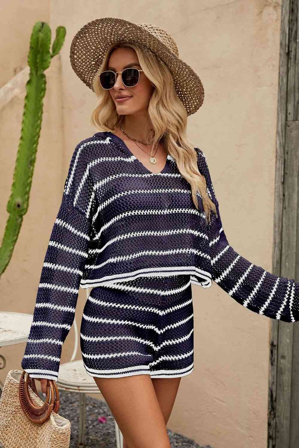 Evie Striped Openwork Knit Hoodie and Shorts Set