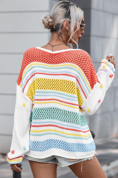 Camila Openwork Striped Long Sleeve Sweater