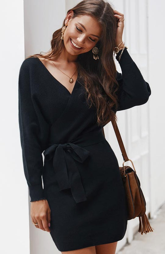 Tiffany Black V-Neck Sweater Dress
